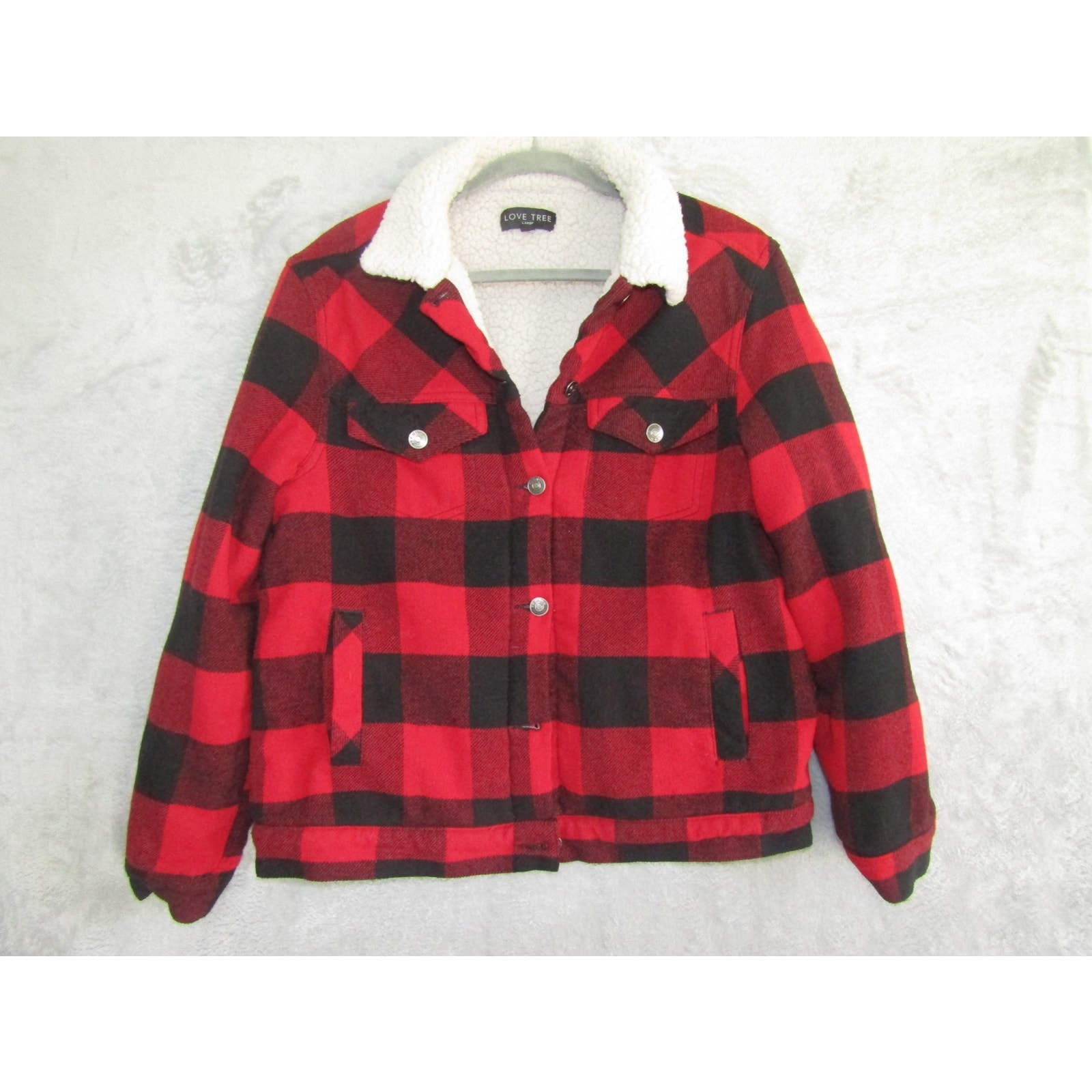 Love Tree Women’s L Sherpa Lined Buffalo Plaid Jacket Red Black Fleece Shacket C